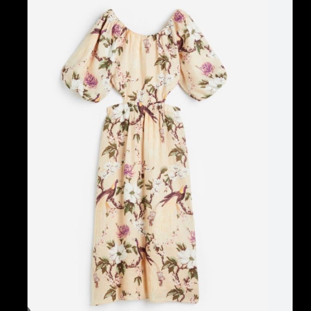 H&M bell sleeve linen dress open back NWT